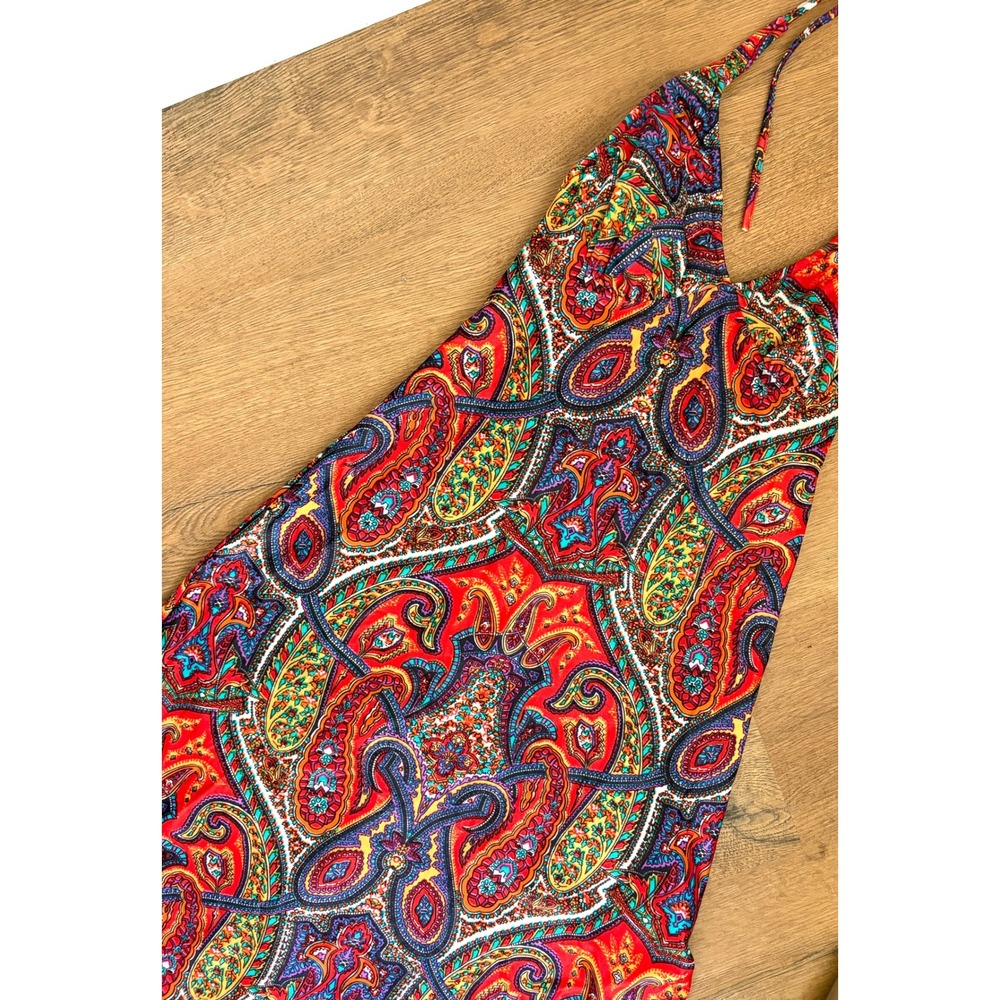 Vintage 70s Boogie Nights Paisley Halter Maxi‎ Dress Red Psychedelic XS S